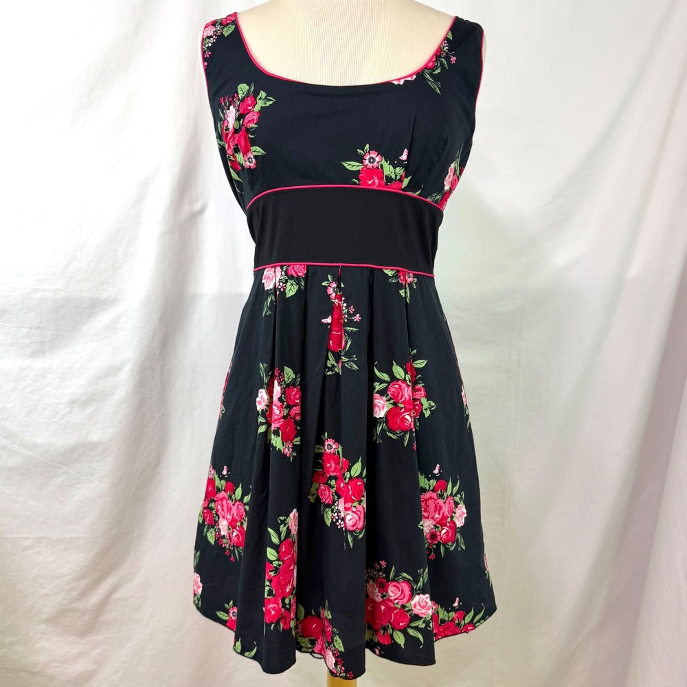 CHARLOTTE RUSSE Black Pink Floral Fit & Flare Dress 11 Retro 50s Pinup Cotton